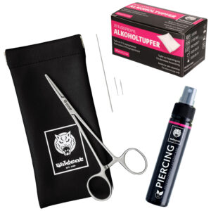Kit de changement de piercing avec ciseaux, tampons alcoolisés, spray et pochette
