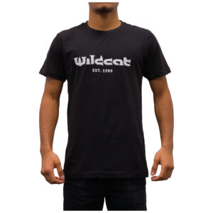 T-shirt unisexe noir de Wildcat avec imprimé logo sur fond blanc