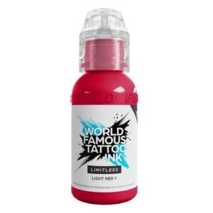 Encre de tatouage rouge de World Famous Ink en flacon de 30ml sur fond blanc