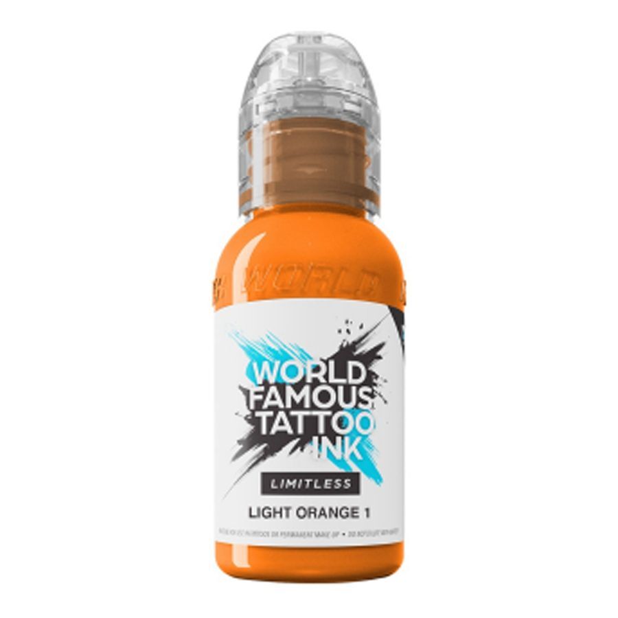 World Famous Ink Limitless Light Orange 3 Tatouage Encre de tatouage orange de World Famous Ink, flacon de 30 ml sur fond blanc