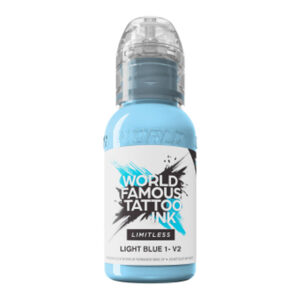 Bouteille de World Famous Ink Limitless Light Blue sur fond blanc