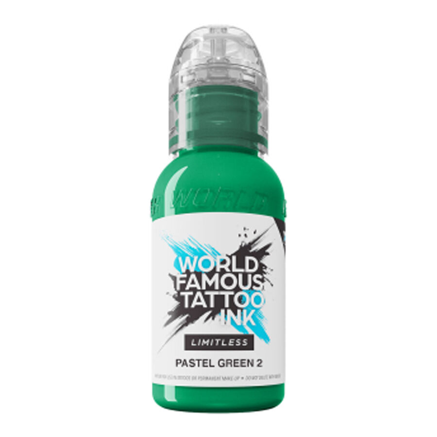 World Famous Ink Pastel Vert Tattoo Tinte 30ml Flacon de World Famous Ink Limitless Pastel Green 2 Tattoo Tinte, 30 ml, sur fond blanc