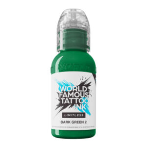 Encre de tatouage verte en bouteille, World Famous Ink Limitless Dark Green 2 sur fond blanc