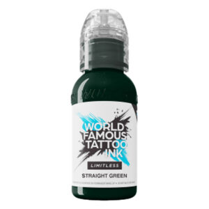 Encre de tatouage verte World Famous Ink Limitless bouteille, 30 ml, sur fond blanc