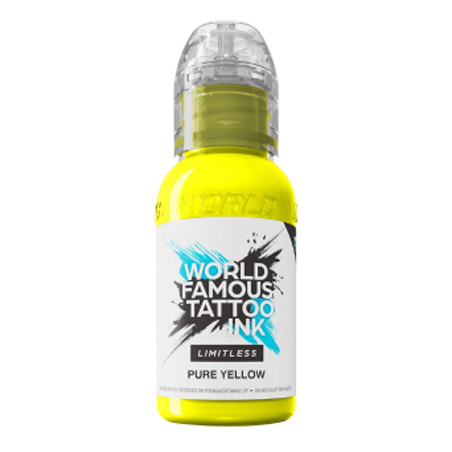 World Famous Ink Limitless Pure Yellow 30ml Bouteille de World Famous Ink Limitless Pure Yellow sur fond blanc