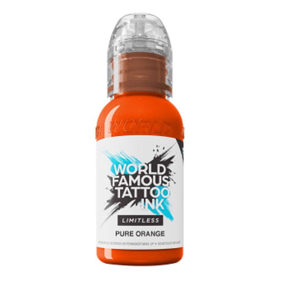 World Famous Ink Limitless Pure Orange 30ml Orange Tattoofarbe Flasche, World Famous Ink, auf weißem Hintergrund