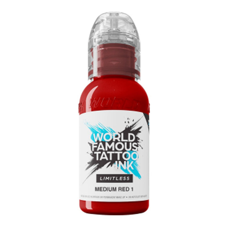 World Famous Ink Limitless Medium Red 30 ml Encre de tatouage rouge de World Famous Ink, flacon de 30 ml sur fond blanc