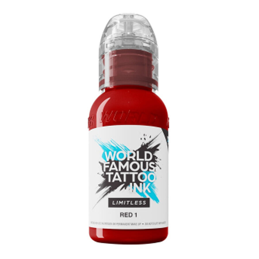 World Famous Ink Limitless Red 1 - 30 ml Bouteille d'encre de tatouage rouge, World Famous Ink, 30 ml, sur fond blanc