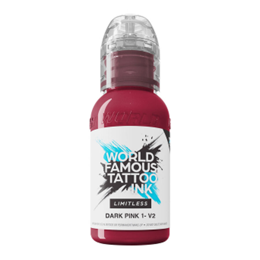World Famous Ink Limitless Dark Pink 30 ml Encre de tatouage en rose foncé, flacon de 30 ml sur fond blanc