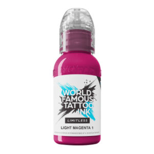 Bouteille de World Famous Ink Limitless Light Magenta sur fond blanc