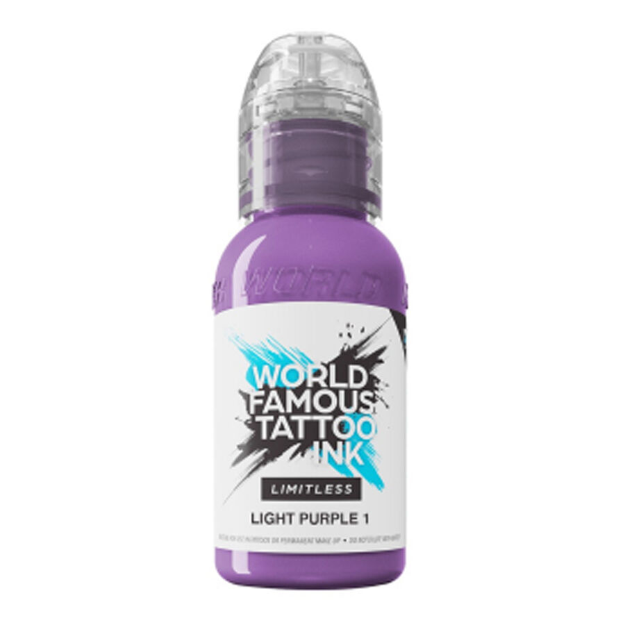 World Famous Ink Limitless Lila 30ml Bouteille de couleur de tatouage violette sur fond blanc