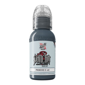 Encre de tatouage dans une bouteille gris pastel avec un couvercle transparent sur fond blanc