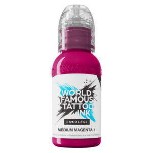 Bouteille avec encre de tatouage rose, World Famous Ink, sur fond blanc