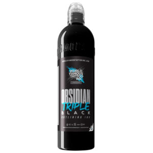 Bouteille noire World Famous Ink Limitless Obsidian sur fond blanc