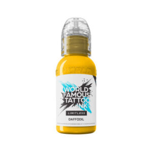 Encre jaune World Famous Ink dans une bouteille de 30 ml, sur fond blanc