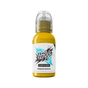 Bouteille d'encre de tatouage jaune de World Famous Ink sur fond blanc