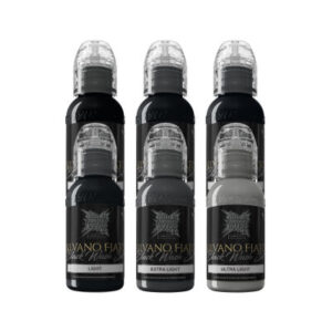 Six bouteilles d'encre de tatouage en noir, gris et blanc sur fond blanc