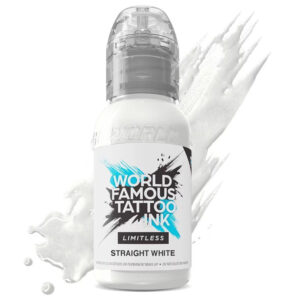 Bouteille de World Famous Ink Limitless Straight White 30 ml sur fond blanc