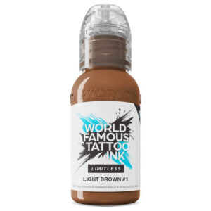Encre de tatouage marron de World Famous Ink en bouteille de 30 ml sur fond blanc