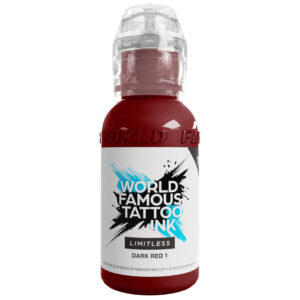 Encre de tatouage rouge World Famous Ink en flacon de 30 ml sur fond blanc