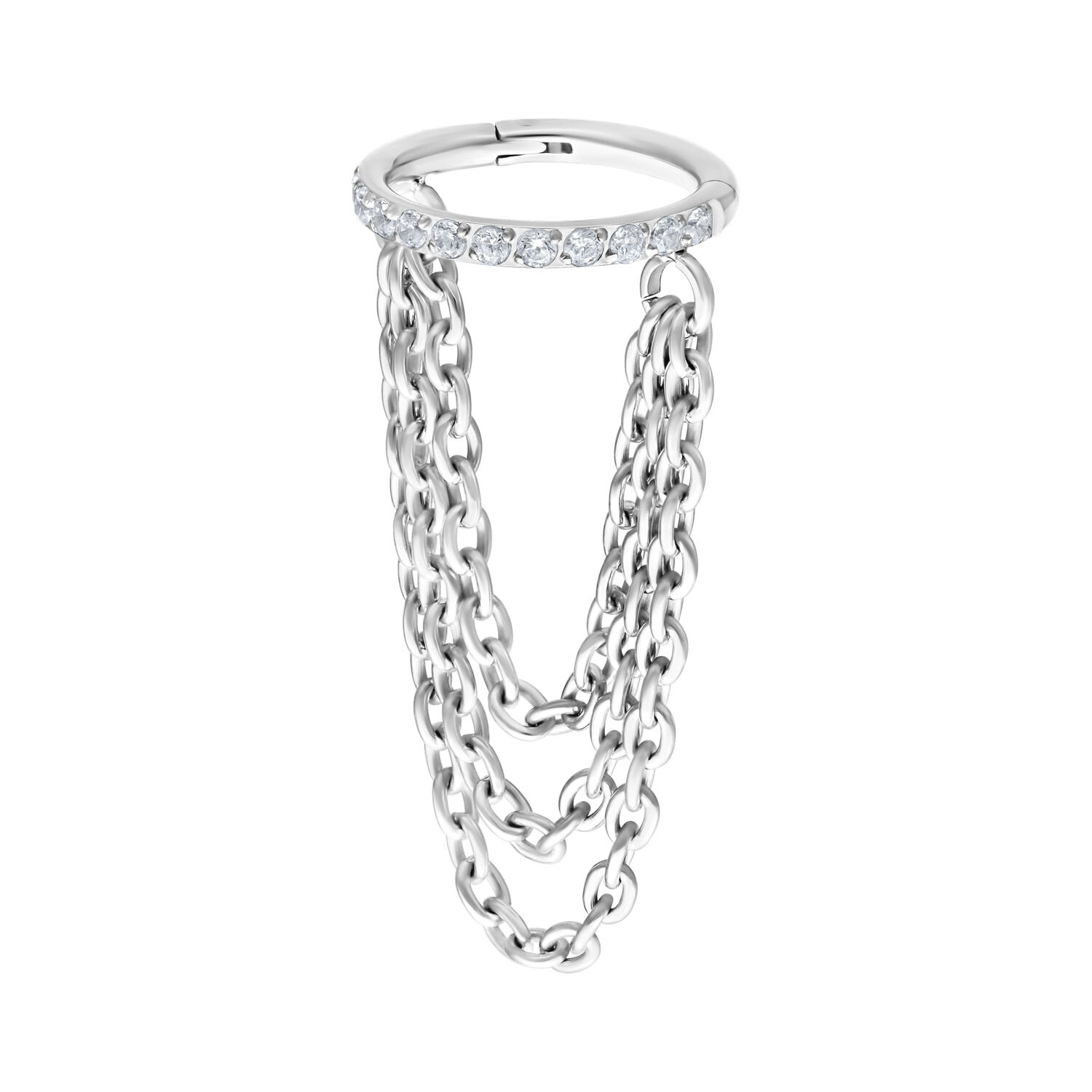 Triple Chain Clicker en or blanc avec cristaux et 6,0 mm de diamètre intérieur sur fond blanc