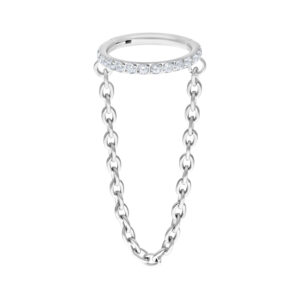 Anneau articulé en titane blanc or avec chaîne de cristaux sur fond blanc