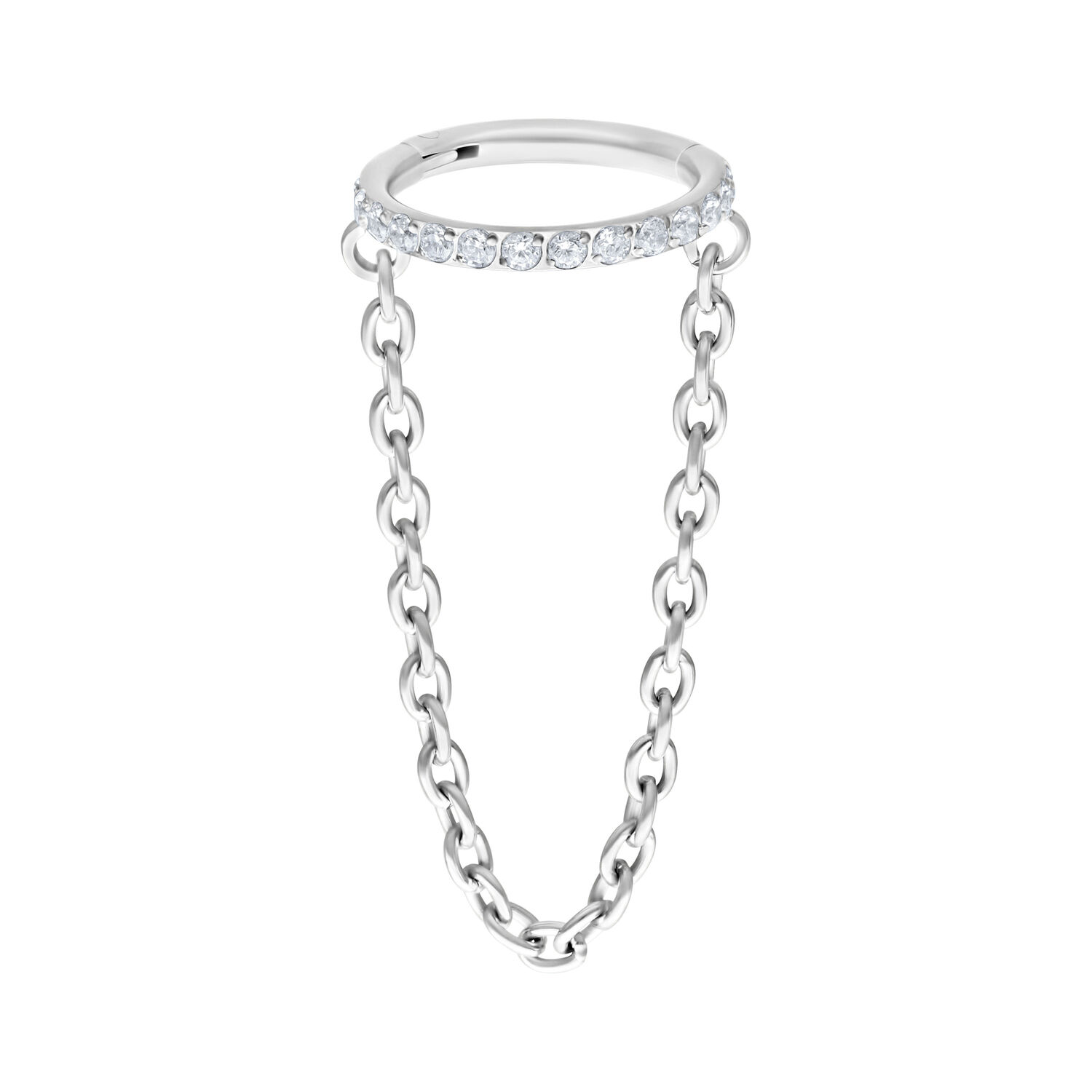 Clicker en chaîne de cristal en titane blanc or Anneau articulé en titane blanc or avec chaîne de cristaux sur fond blanc