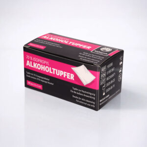 Emballage noir des tampons alcoolisés Wildcat 100 pièces sur fond blanc
