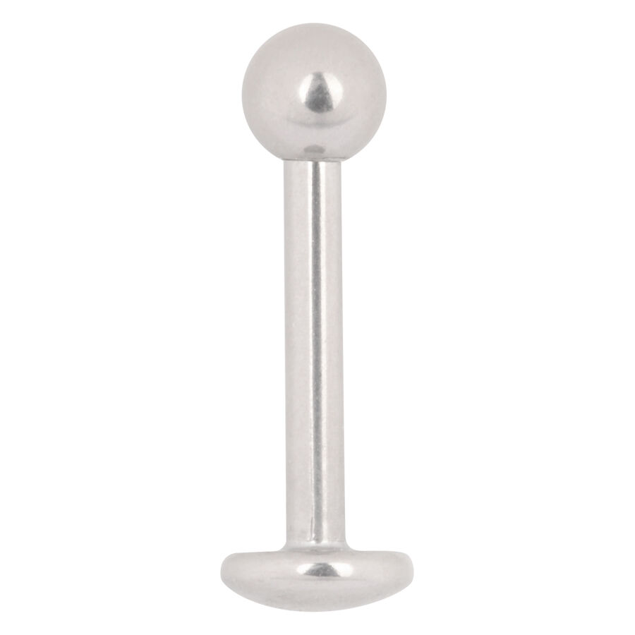 Stud Labret en titane avec filetage externe, or blanc Piercing labret en titane or blanc avec boule sur fond blanc