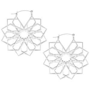 Deux boucles d'oreilles Kaléidoscope argentées en acier chirurgical sur fond blanc