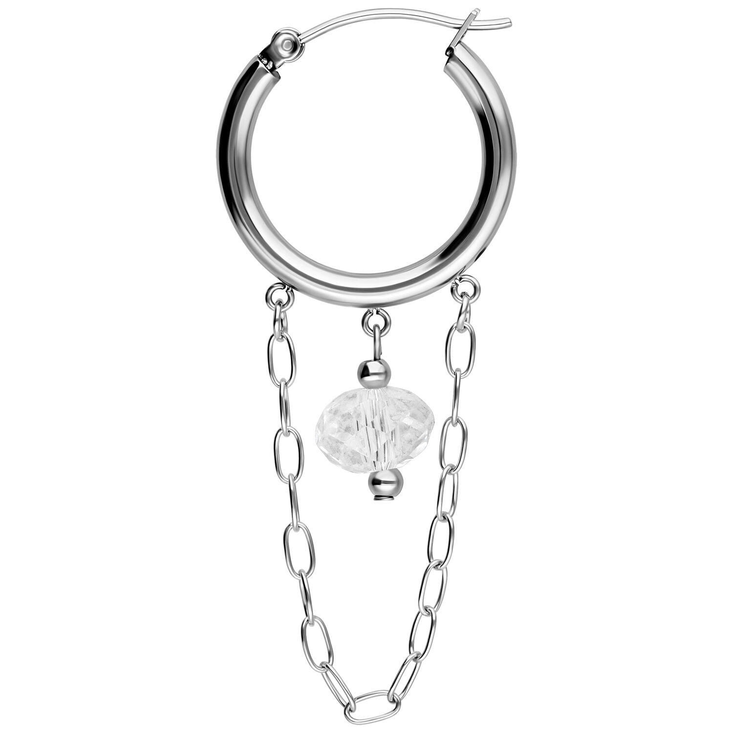 Edgy boucles d'oreilles blanches en acier chirurgical Boucle d'oreille argentée avec chaînes et pierre blanche sur fond blanc