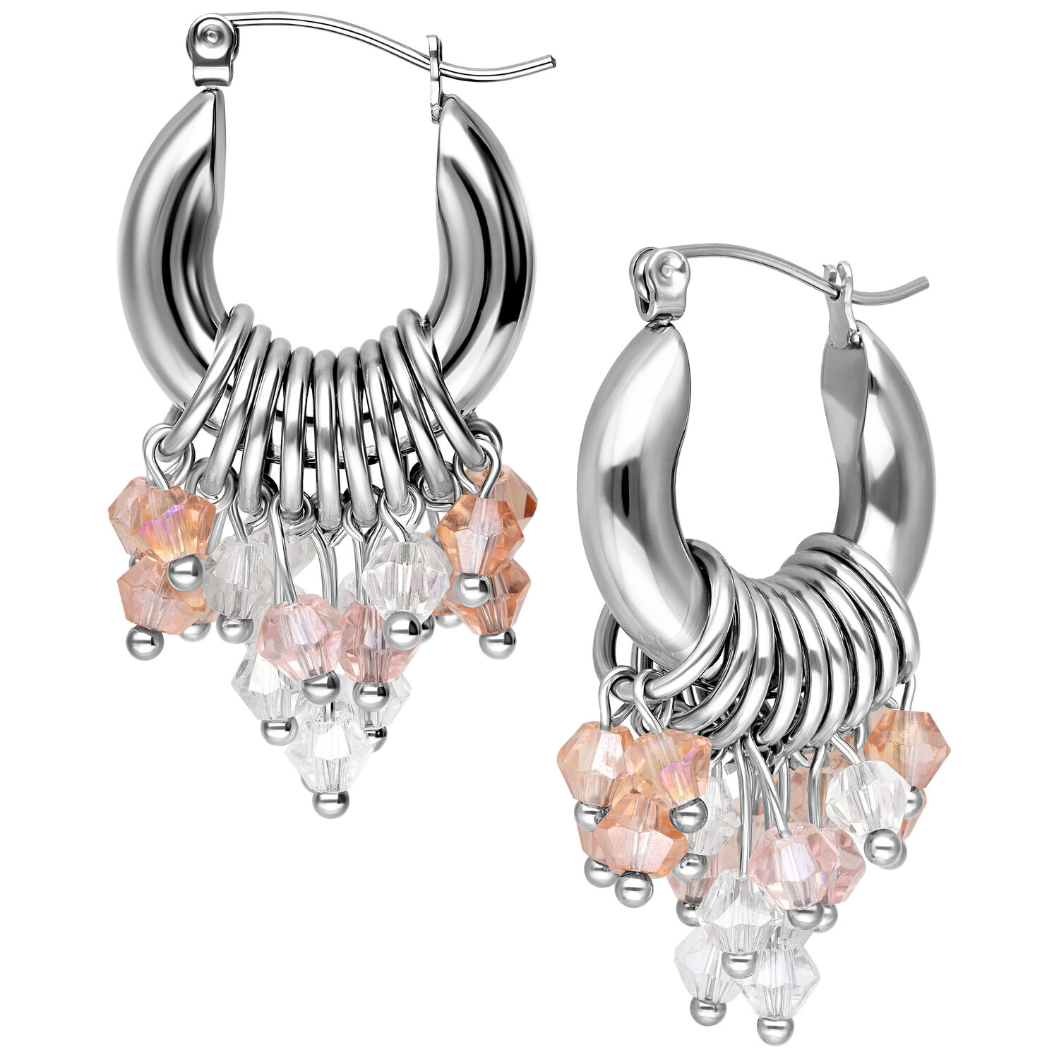 Créoles Glamour Argentées avec Pendentifs en Cristal Créoles argentées avec pendentifs en cristal rose et clair sur fond blanc