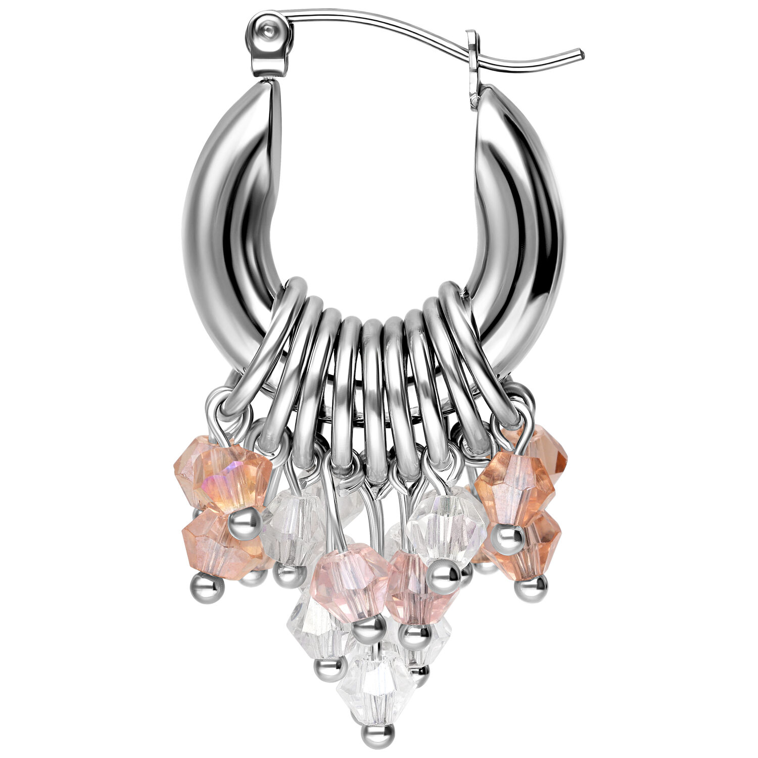 Créoles glamour argentées avec cristaux en verre Boucles d'oreilles argentées avec cristaux en verre colorés sur fond blanc