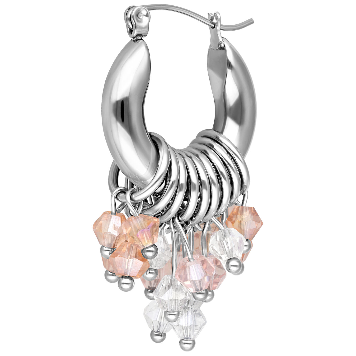 Créoles Glamour Argentées avec Pendentifs en Cristal Boucles d'oreilles argentées avec plusieurs pendentifs en cristal sur fond blanc