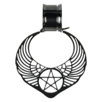 Boucles d'oreilles noires pentagramme avec ailes Boucles d'oreilles noires avec motif ailes et pentagramme sur fond blanc