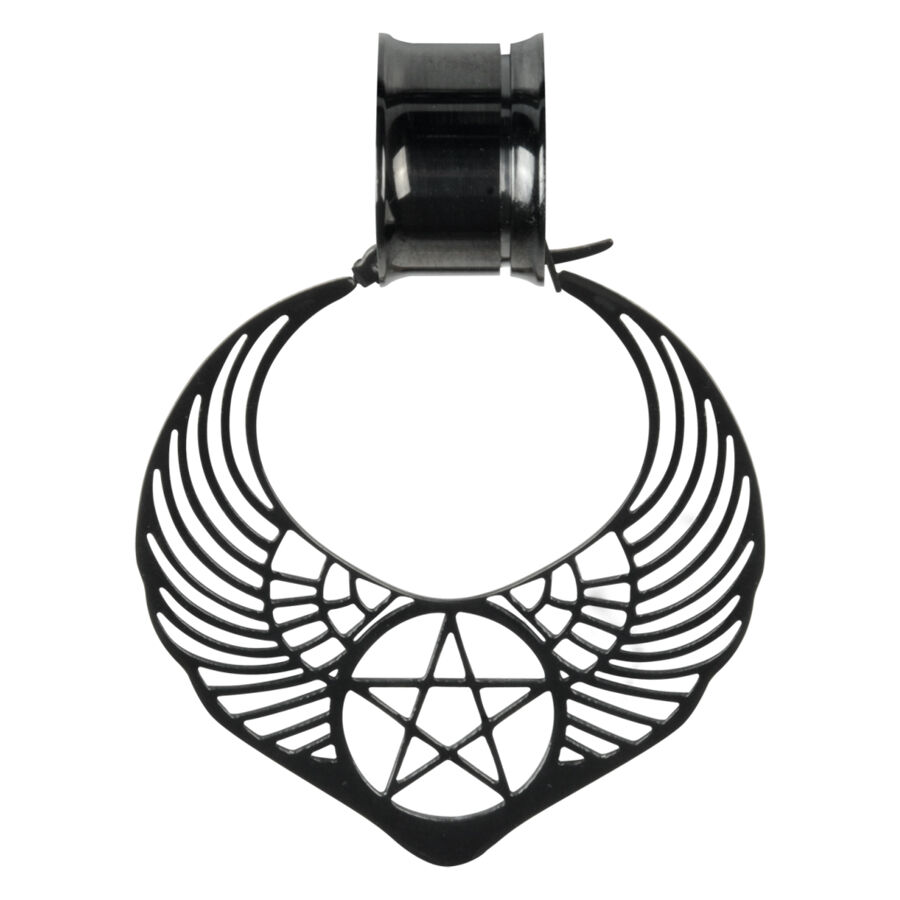 Boucles d'oreilles noires pentagramme avec ailes Boucles d'oreilles noires avec motif ailes et pentagramme sur fond blanc
