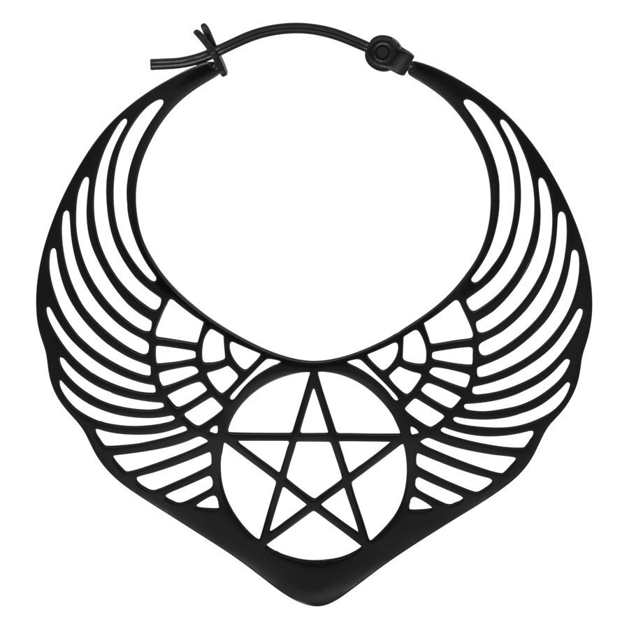 Boucles d'oreilles Pentagramme Ailé Noir Boucles d'oreilles noires avec pentagramme ailé sur fond blanc