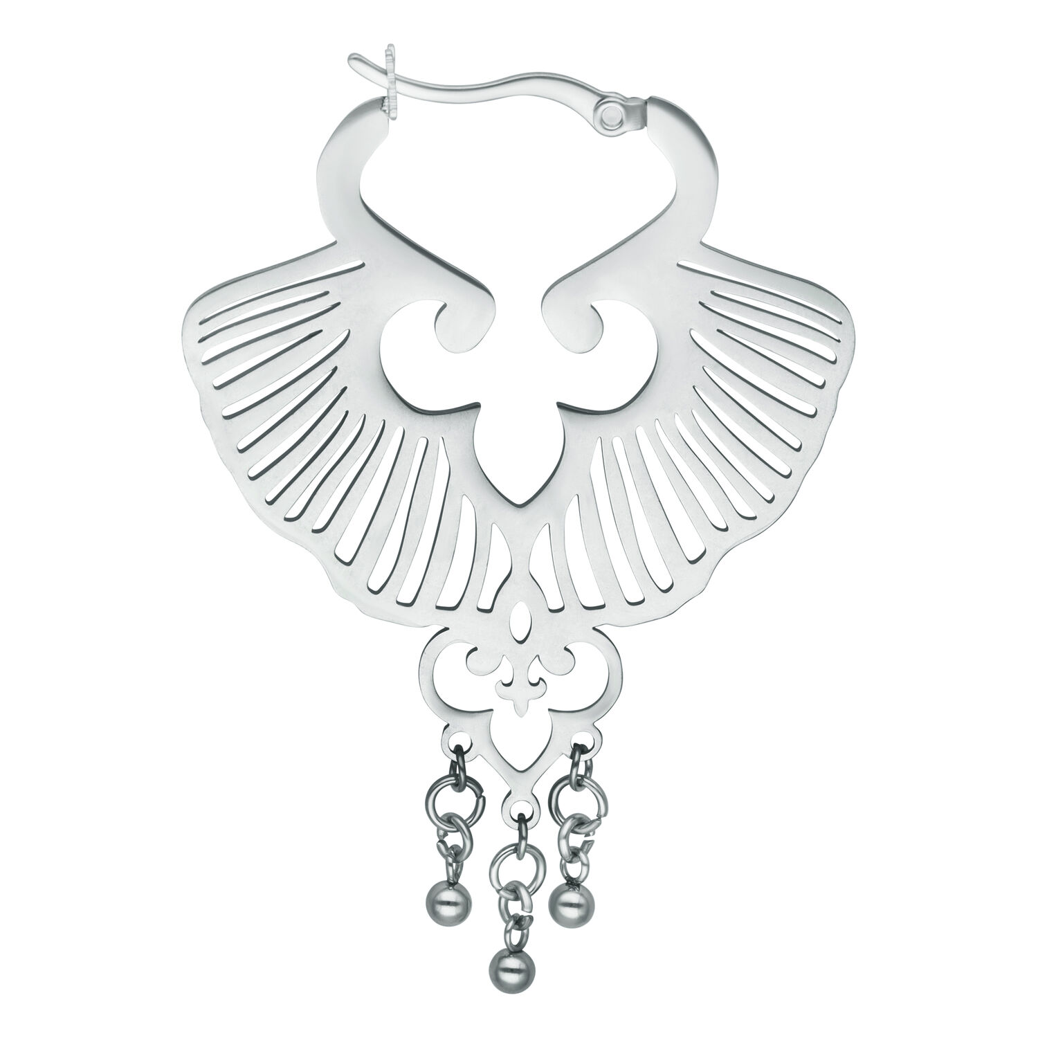 Boucles d'oreilles créoles feuille de ginkgo argentées Boucle d'oreille en forme de ginkgo argentée avec fermoir à clip sur fond blanc