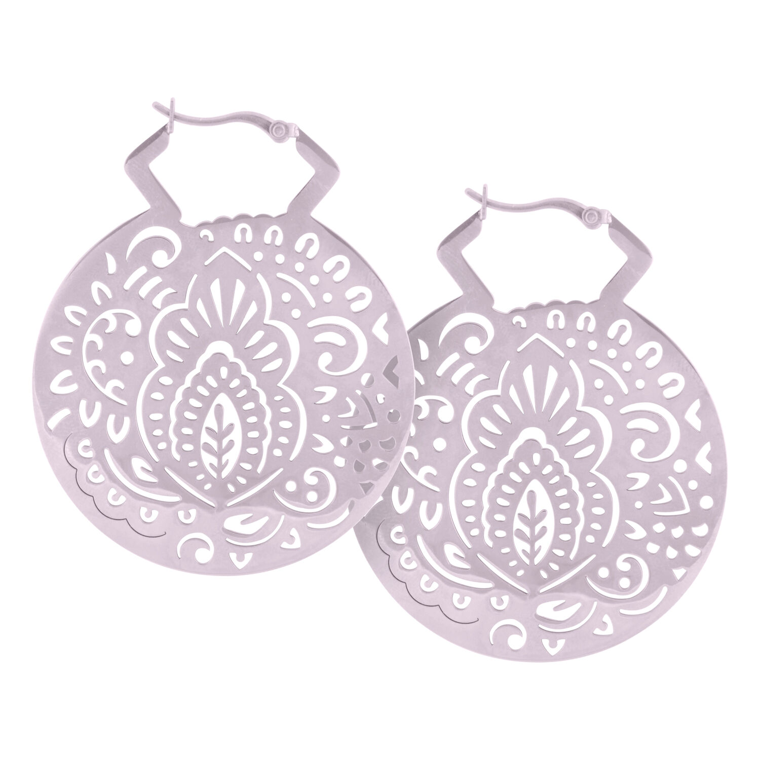Boucles d'oreilles Mehndi Hoops en noir et argent Boucles d'oreilles Mehndi Hoops noires et argentées avec motif délicat sur fond blanc