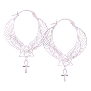 Boucles d'oreilles circulaires avec ailes et symbole Ankh en argent sur fond blanc