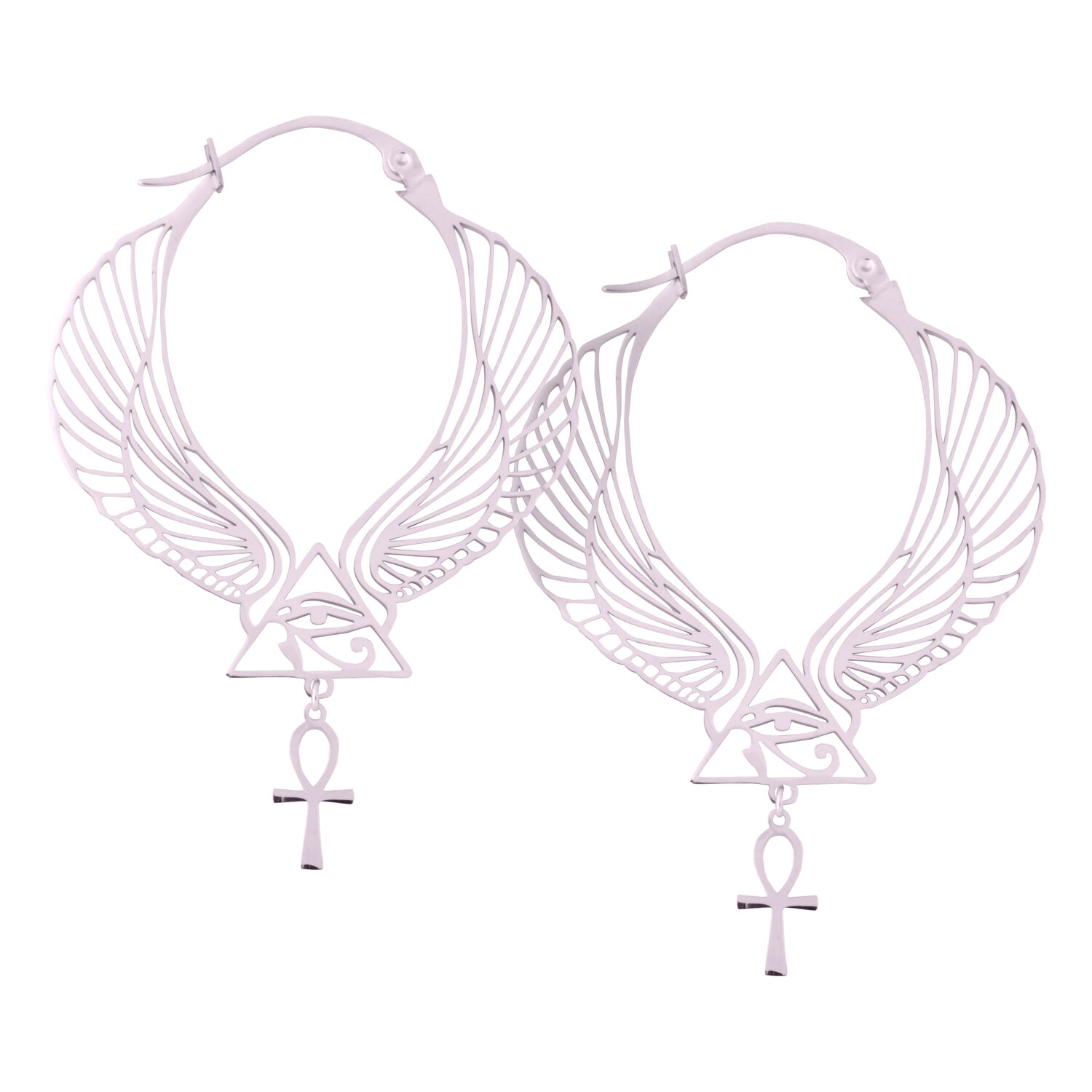 Créoles Cléopâtre en argent avec symbole égyptien Boucles d'oreilles circulaires avec ailes et symbole Ankh en argent sur fond blanc