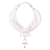 Créoles Cléopâtre en or rose avec pendentif Ankh Créoles Cléopâtre en or rose avec design d'ailes et pendentif Ankh sur fond blanc
