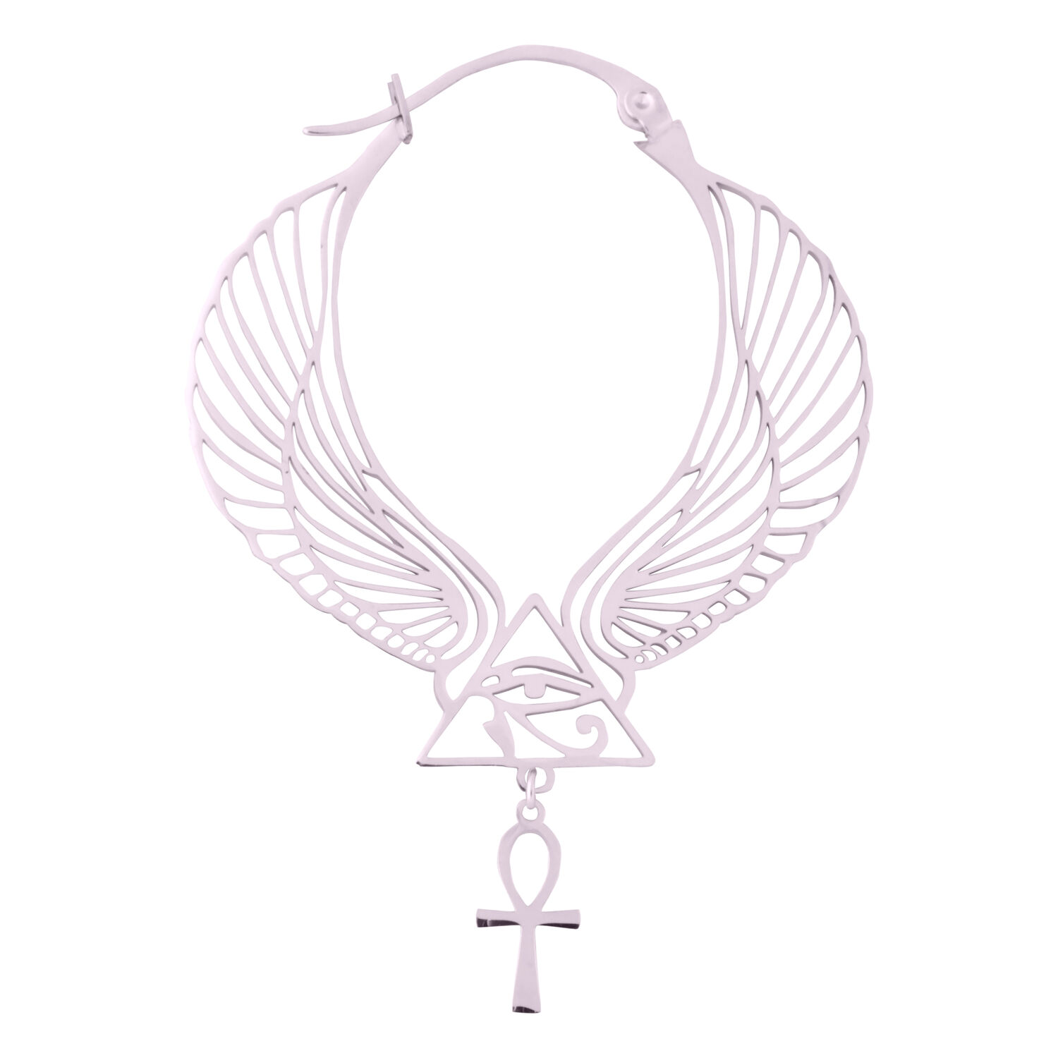 Créoles Cléopâtre en or rose avec pendentif Ankh Créoles Cléopâtre en or rose avec design d'ailes et pendentif Ankh sur fond blanc