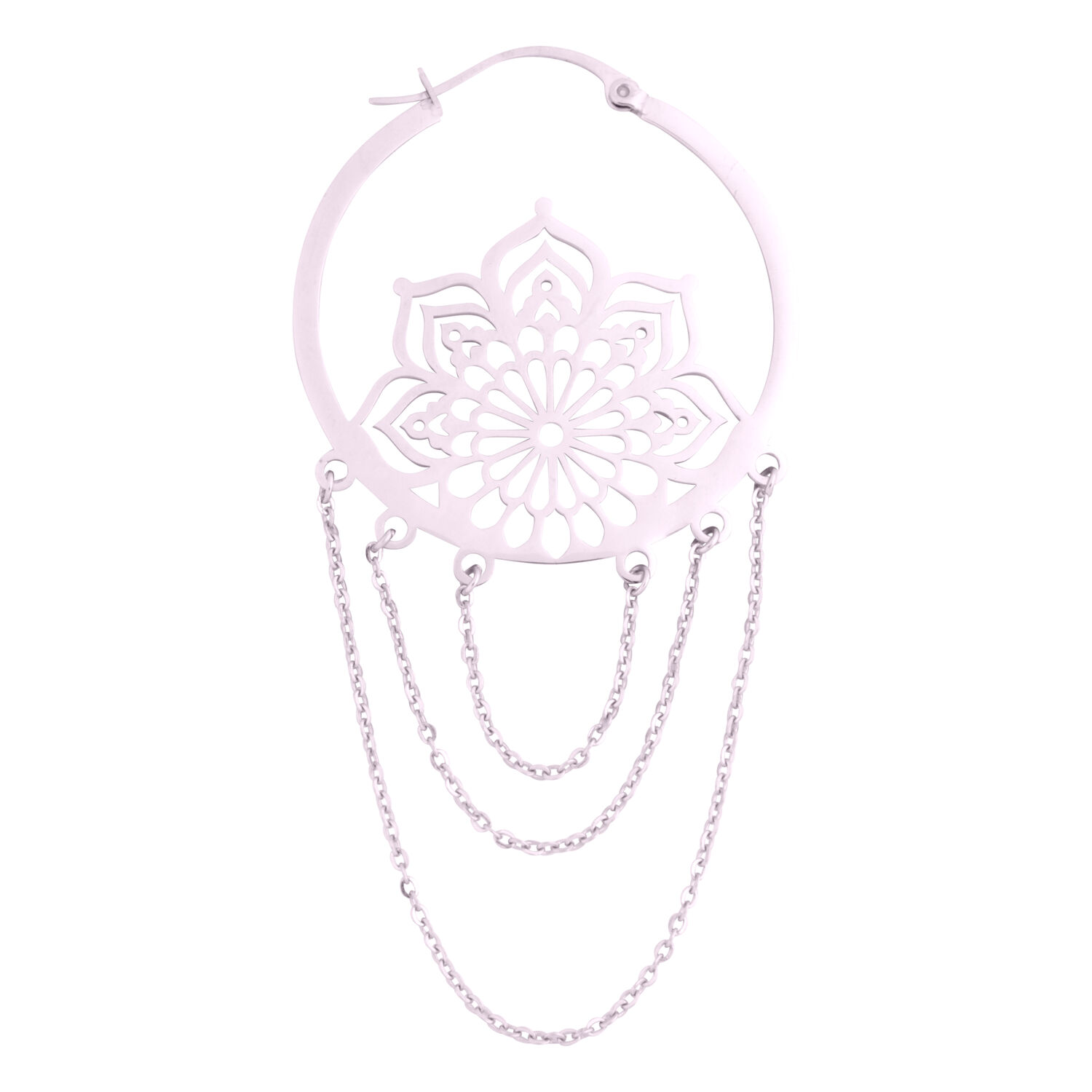 Élégants La Fleur Hoops en acier inoxydable Boucles d'oreilles La Fleur argentées avec design floral et chaînes sur fond blanc