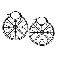 Créoles en acier inoxydable noir avec design Helm of Awe Deux boucles d'oreilles en acier inoxydable noir avec symbole Helm of Awe sur fond blanc