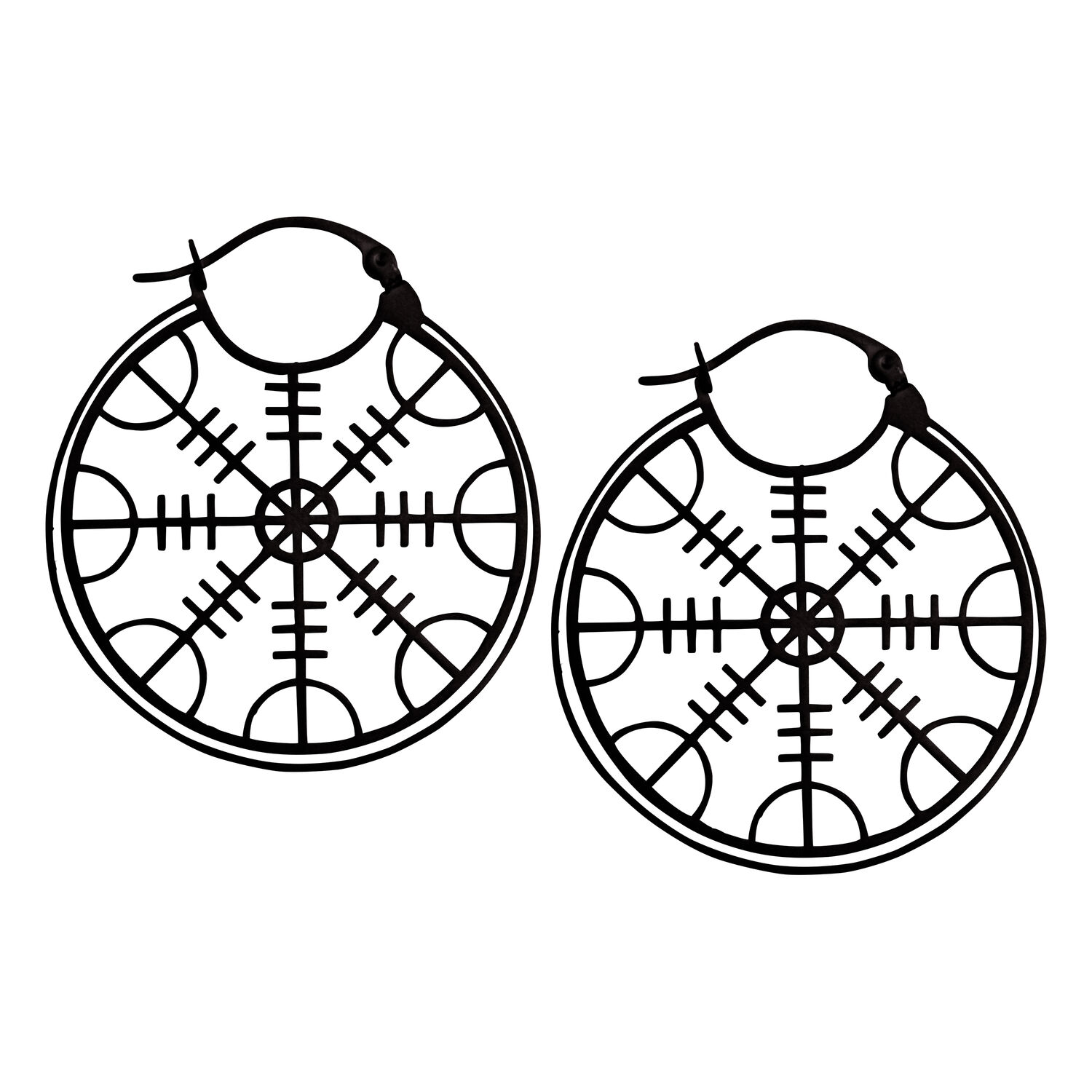 Créoles en acier inoxydable noir avec design Helm of Awe Deux boucles d'oreilles en acier inoxydable noir avec symbole Helm of Awe sur fond blanc