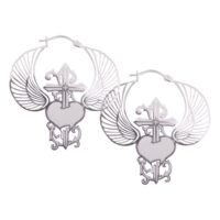 Créoles noires avec cœur ailé et dague sur fond blanc