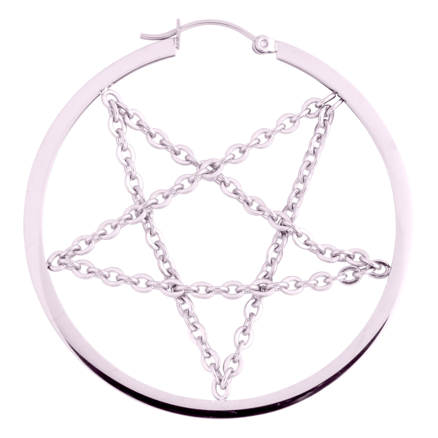 Pentagram Chain Hoops en acier chirurgical argenté sur fond blanc