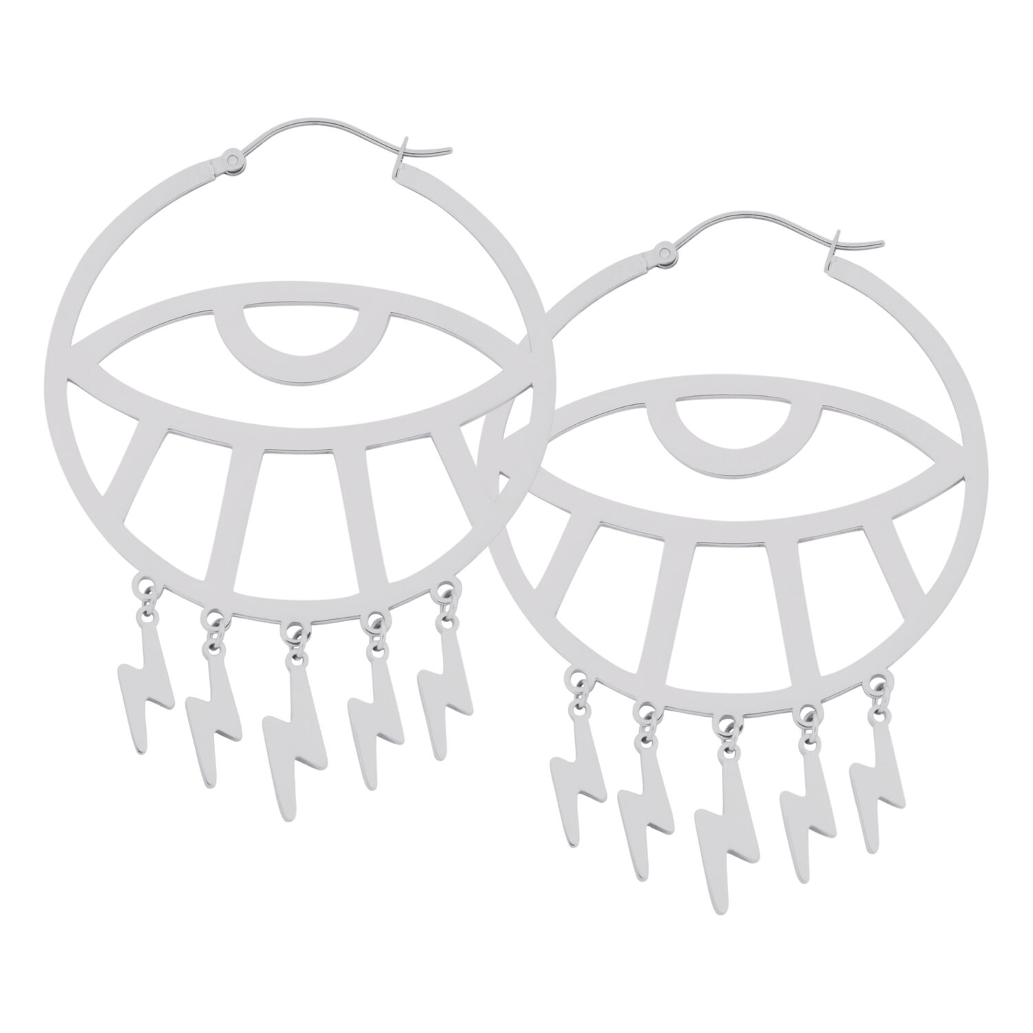 Thunderflash Eye Hoops en acier inoxydable Boucles d'oreilles argentées en forme d'œil avec pendentifs éclairs sur fond blanc
