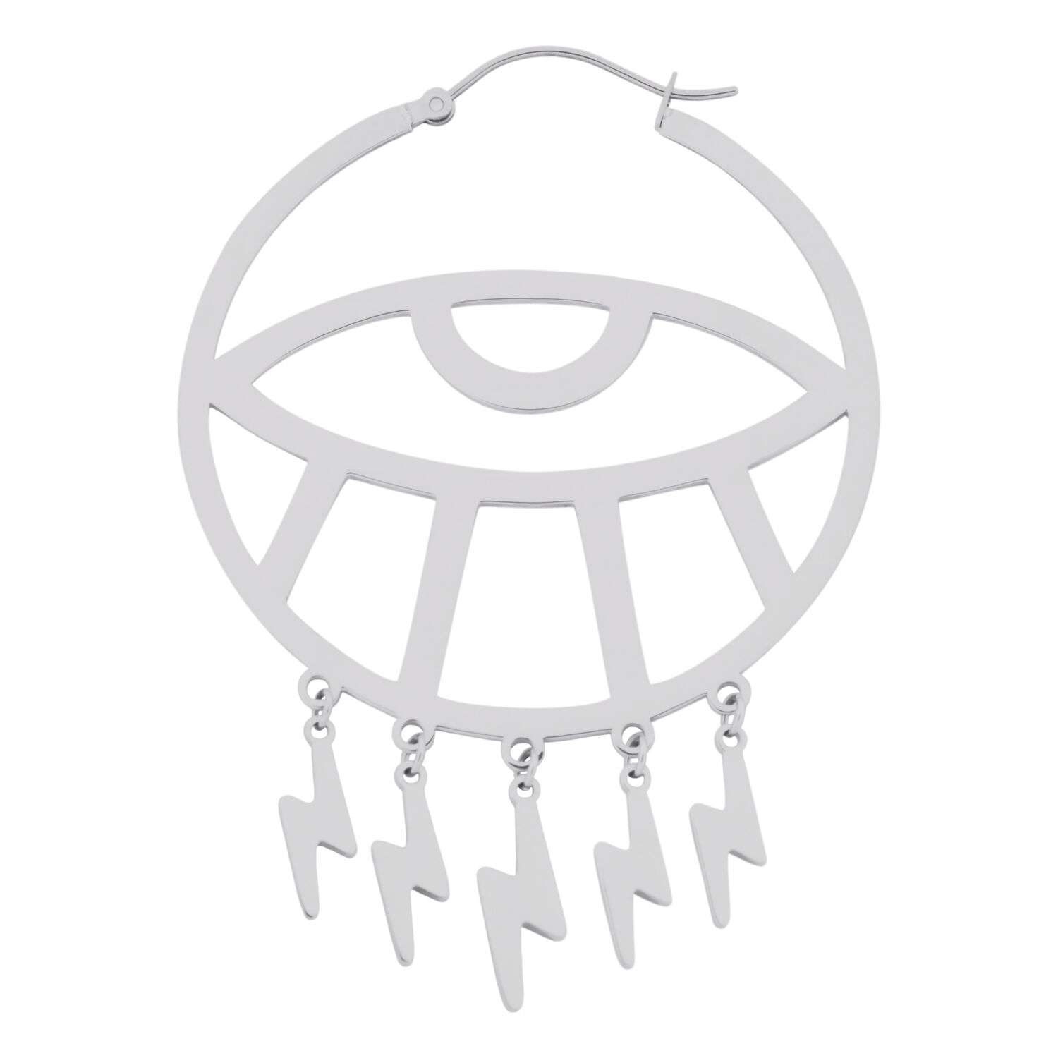 Boucles d'oreilles Thunderflash Eye Hoops argentées Boucle d'oreille argentée au design œil avec pendentifs éclairs sur fond blanc